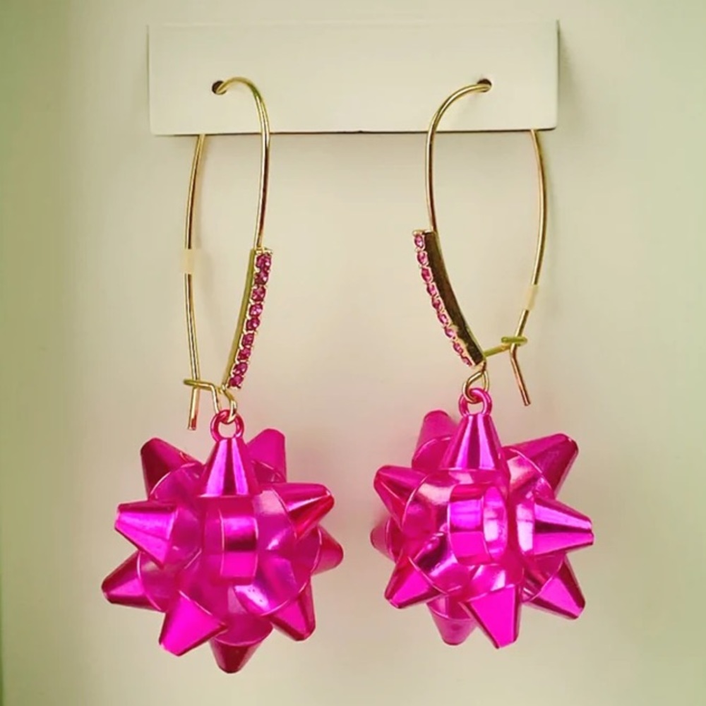 Betsey Johnson Hot Pink Holiday Wrap Me Up Bow Dangle Earrings